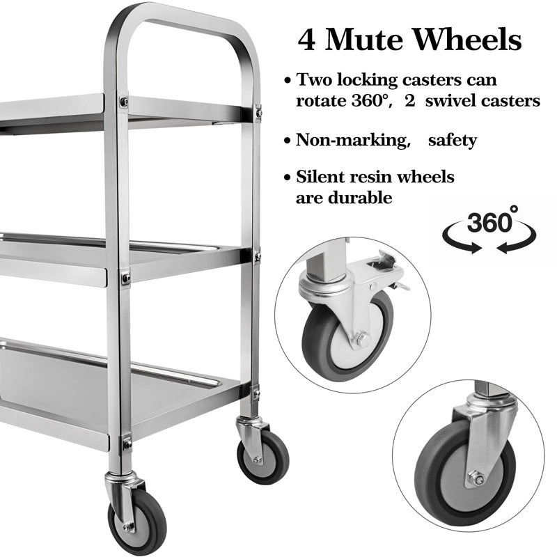 Anman 3 Tier Stainless Steel Utility Cart with Locking Wheels Shelf